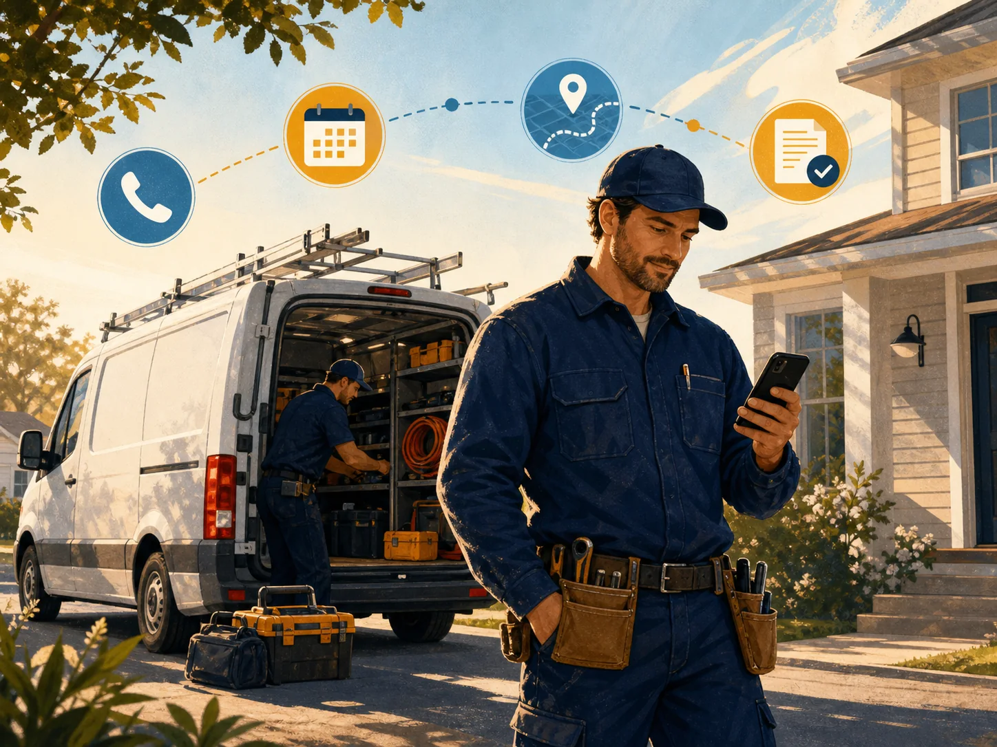 Two home-service contractors planning the day beside a service van